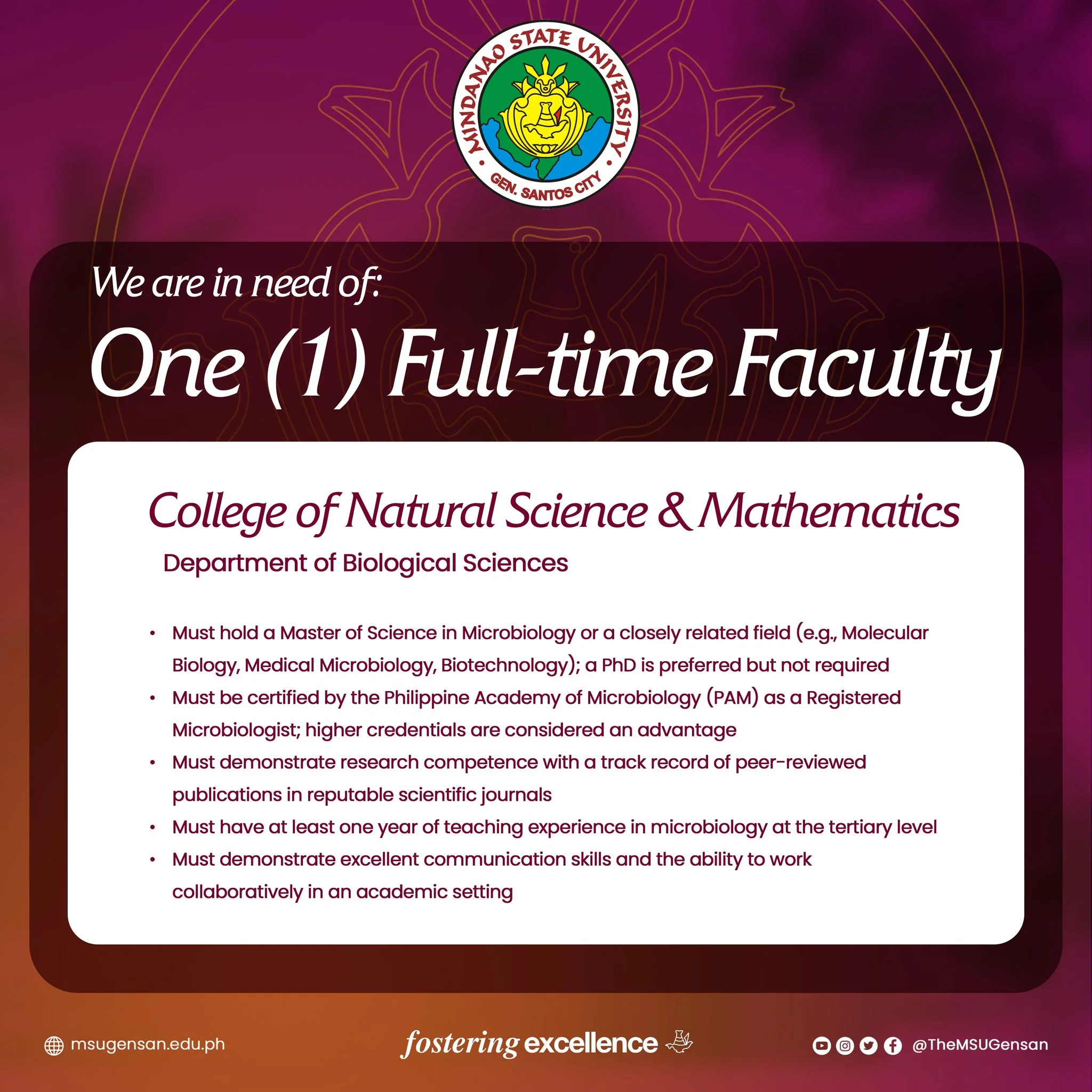 Faculty Recruitment for the Department of Biological Sciences