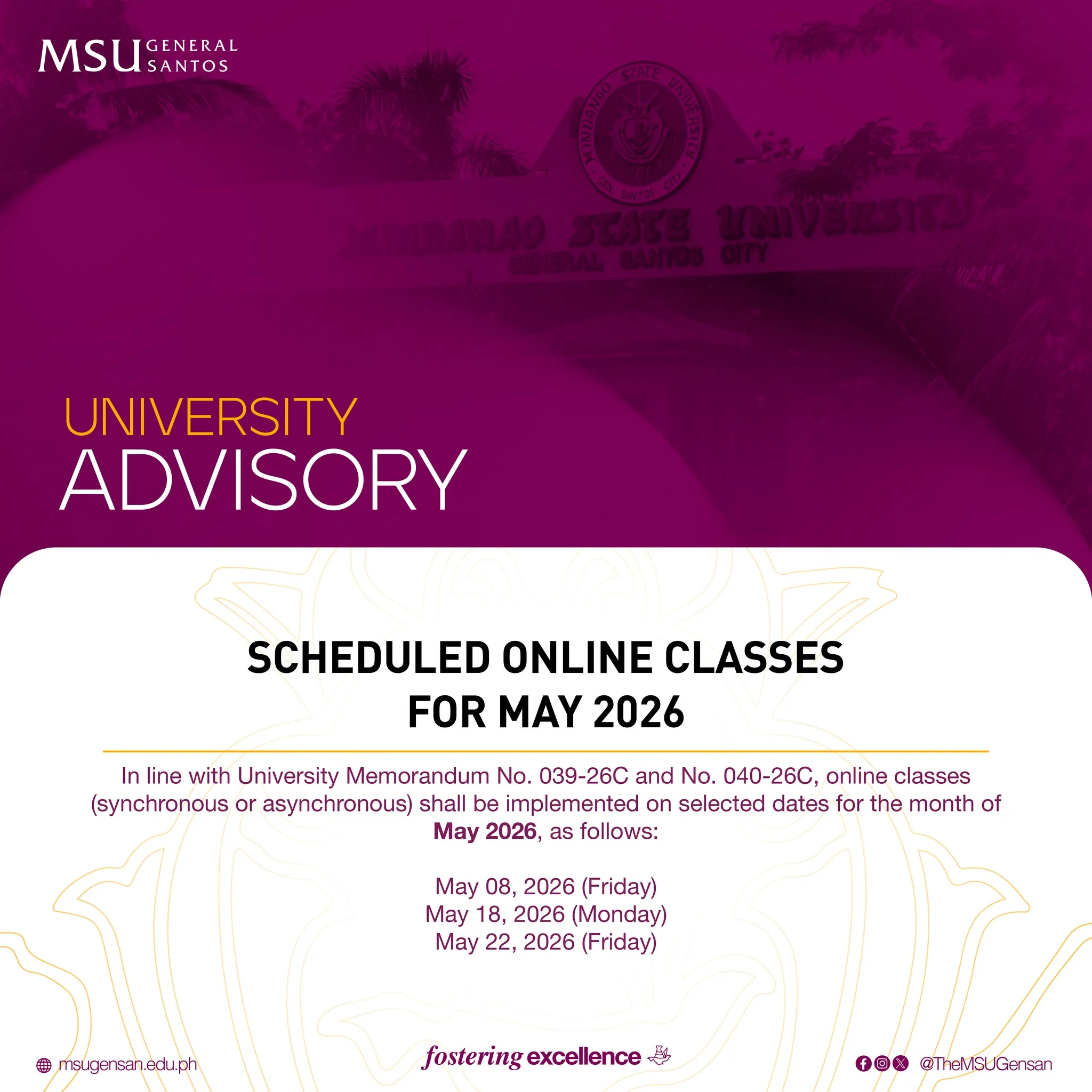 Scheduled Online Classes for May 2026